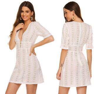 Eyelet Lace Deep V-neck Short-sleeve A-line Dress