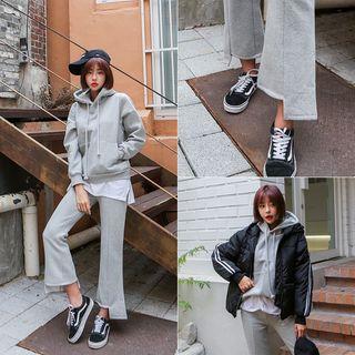 Set: Kangaroo-pocket Hooded Pullover + Asymmetric-hem Pants