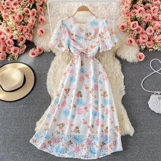 Short Sleeve Floral Print Lace Dress