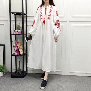 Tasseled Embroidered Long Sleeve Midi Dress