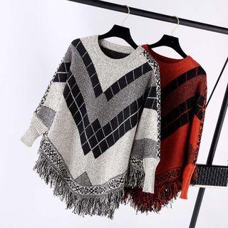 Printed Fringed Cape Sweater