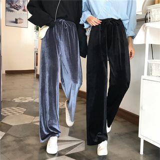 Drawstring Waist Pleuche Straight-cut Pants