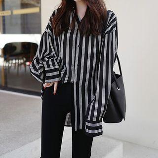 Long-sleeve Striped Chiffon Shirt / Boot-cut Pants