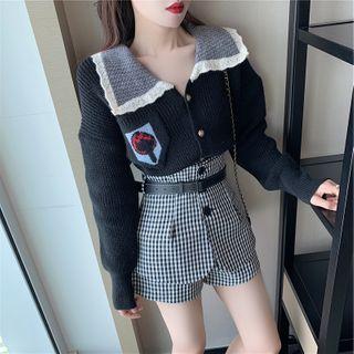 Collar Cardigan / Paneled Plaid Shorts