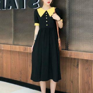 Short-sleeve Contrast Collar Midi Dress