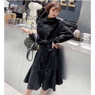 Long-sleeve Pleated-trim Midi A-line Shirtdress
