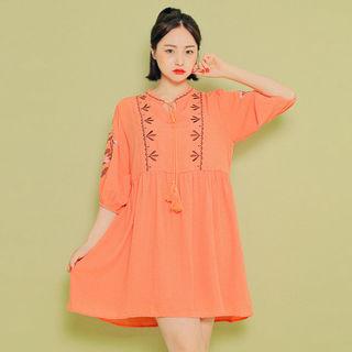 Tassel-front Embroidered Dress
