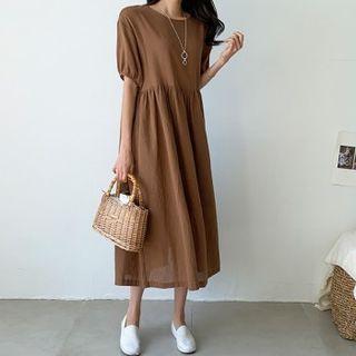 Puff-sleeve Button-back Linen Blend Dress