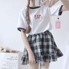 Set: Embroidered Short-sleeve T-shirt + Plaid Mini Skirt
