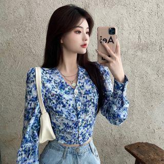 Long-sleeve Buttoned Floral Print Top As Shown In Figure - One Size