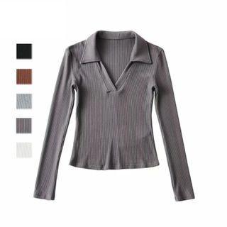Long-sleeve Collared Plain T-shirt