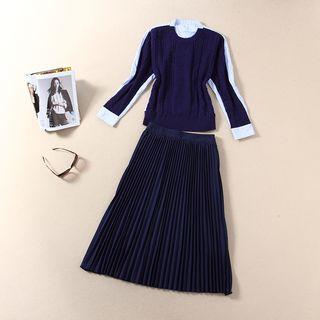 Set Of Two: Long Sleeve Panel Top + Pleated Chiffon Skirt