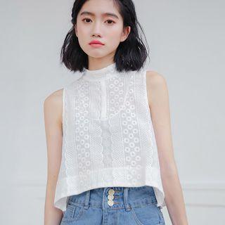 Embroidered Sleeveless Mock-neck Blouse