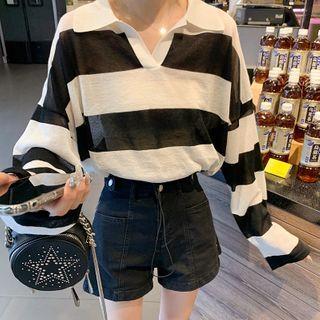 Drawstring-hem Striped Cropped Knit Polo Shirt