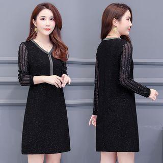 Long-sleeve Paneled Glitter Mini A-line Dress