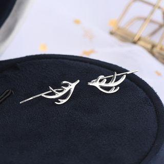 925 Sterling Silver Deer Horn Earring 1 Pair - Es887 - Platinum - One Size