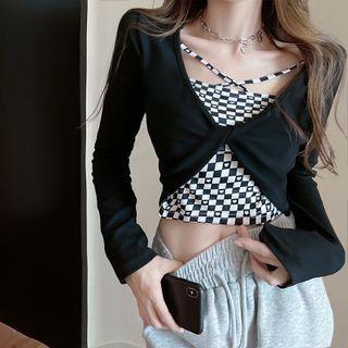 Long-sleeve Mock Two-piece Check Panel Top