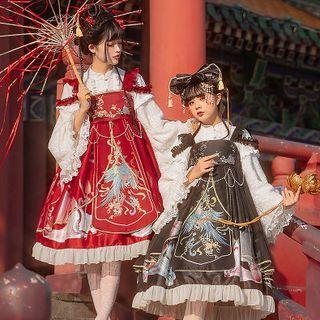 Embroidered Ruffled A-line Overall Dress / Head Piece / Set