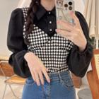 Mock Two-piece Puff-sleeve Checkerboard Panel Blouse