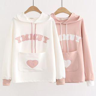 Rabbit Ear Hooded Lettering Color Block Sweatshirt