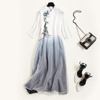3/4-sleeve Midi Embroidered Gradient A-line Qipao Dress