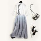 3/4-sleeve Midi Embroidered Gradient A-line Qipao Dress