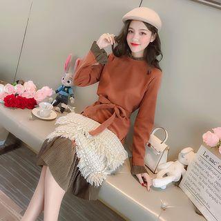 Long-sleeve Corduroy Panel Midi Dress