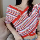 Striped V-neck Short-sleeve Knit Top Red - One Size