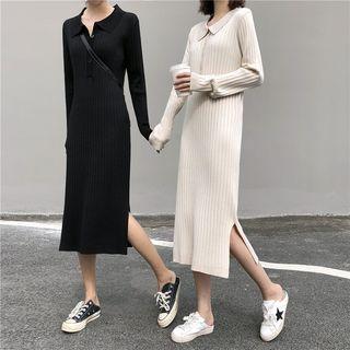 Slit-side Knitted Polo Dress