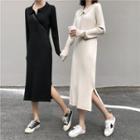 Slit-side Knitted Polo Dress