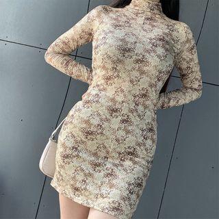 Long-sleeve Print Mock-neck Mini Bodycon Dress