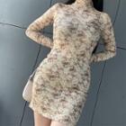 Long-sleeve Print Mock-neck Mini Bodycon Dress