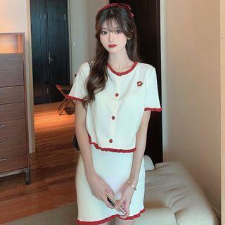 Set: Short-sleeve Button Knit Top + Mini Fitted Skirt