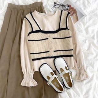 Bell-sleeve Plain Top / Contrast Trim Knit Vest