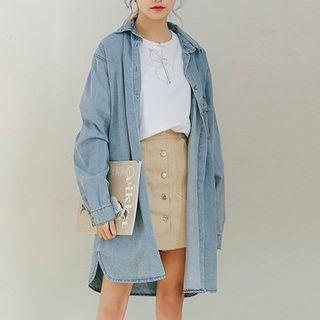 Single-pocket Long Denim Jacket Blue - One Size