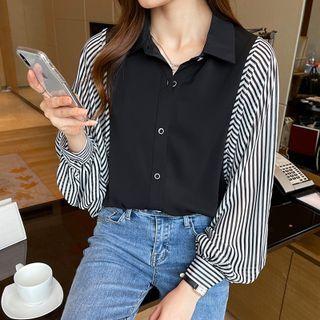 Lantern-sleeve Striped Panel Blouse