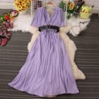 Elbow-sleeve Accordion Pleat Maxi A-line Dress
