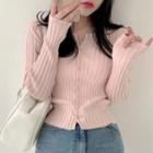 Long Sleeve Plain Ribbed Cardigan Cream Pink - One Size