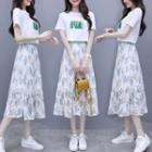 Set: Short-sleeve Print T-shirt + Floral Print A-line Midi Skirt