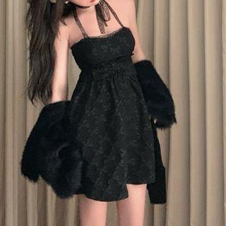 Lace Spaghetti-strap Halter Mini A-line Dress