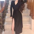 Long-sleeve V-neck Glitter Midi A-line Slit Dress Black - One Size