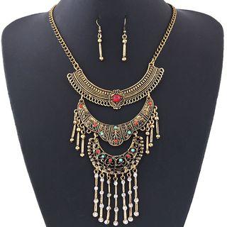 Set: Rhinestone Fringed Pendant + Dangle Earring