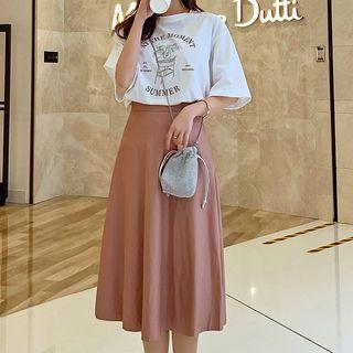 Set: Elbow-sleeve Printed T-shirt + A-line Midi Skirt