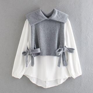 Long-sleeve Striped Panel Tie-front Top