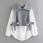 Long-sleeve Striped Panel Tie-front Top