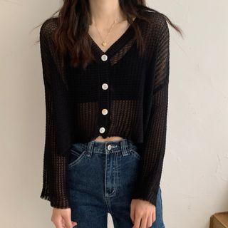 Long-sleeve V-neck Pointelle-knit Cardigan