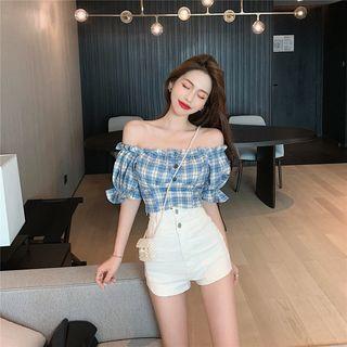 Off Shoulder Plaid Top / High Waist Denim Shorts