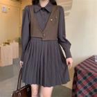 Pleated Mini Shirt Dress / Asymmetrical Vest