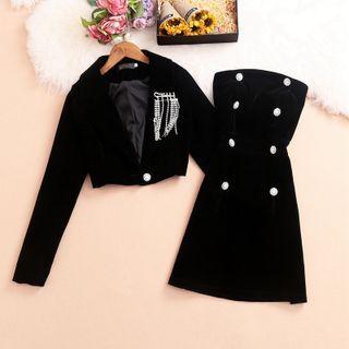 Set: Cropped Jacket + Double-breasted Tube Dress + Rhinestone Brooch