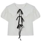 Short-sleeve Peter Pan Collar Tie-strap Cropped Shirt White - One Size